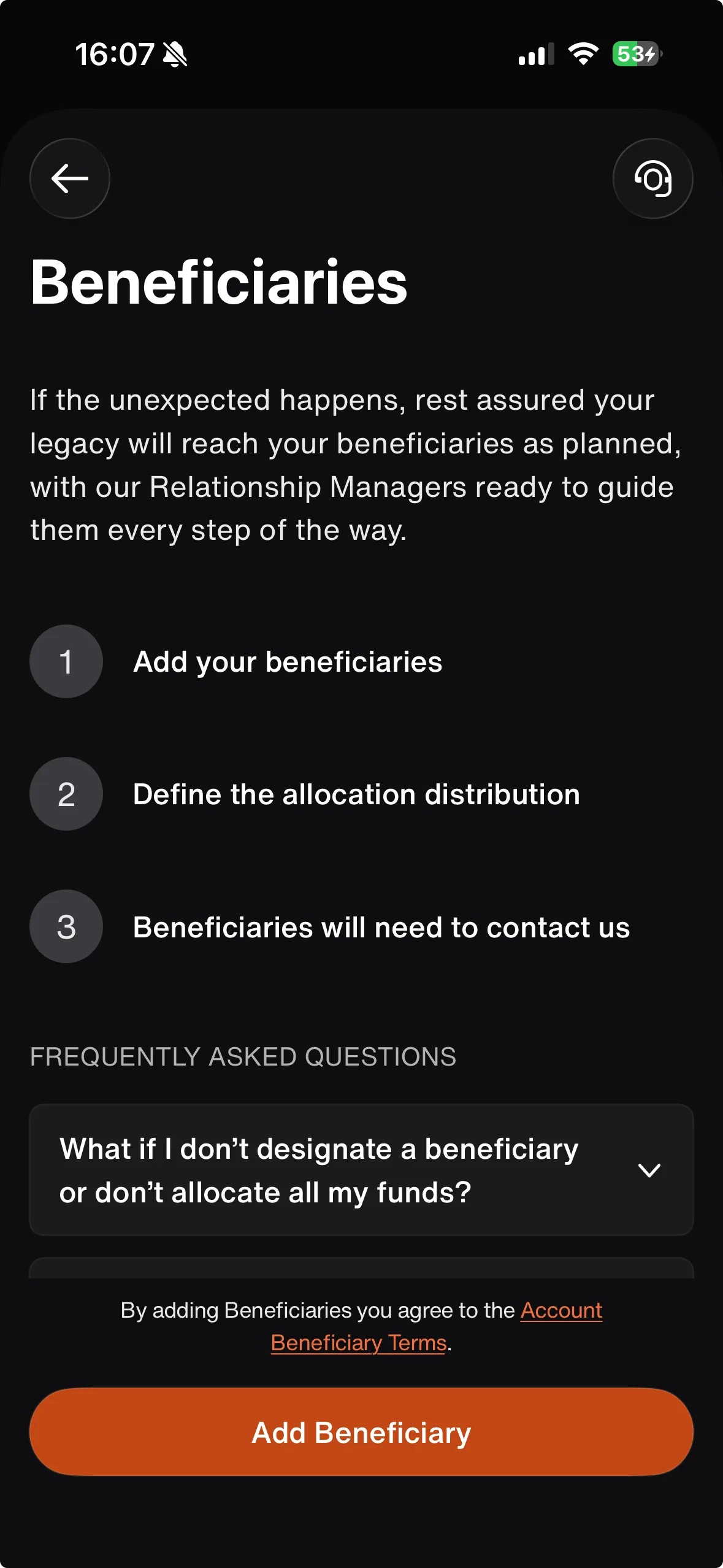 Xapo Bank Beneficiaries feature screen, showing the steps to add a beneficiary and allocate funds