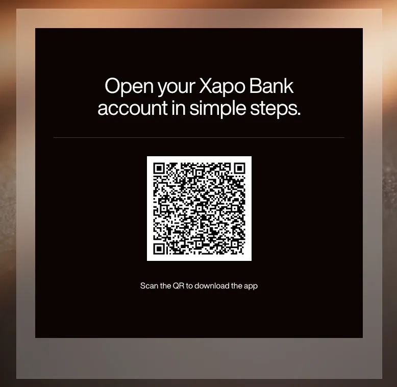 Xapo Bank account opening screen with a QR code to download the app and start onboarding