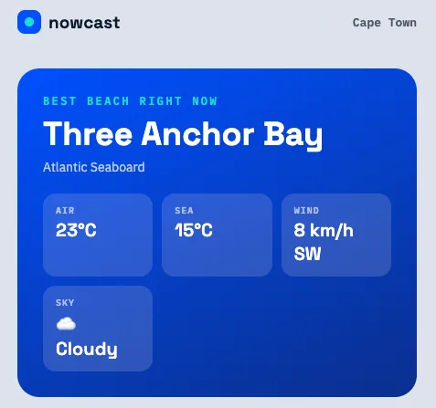 Nowcast showing the best Cape Town beach right now, with live air, sea, wind and sky conditions